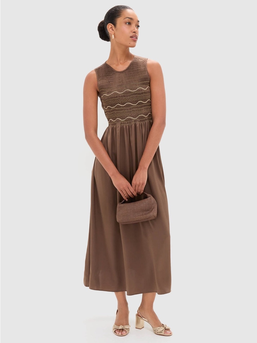 NWT Loretta Caponi Regio Brown Silk Gioia Midi Dress